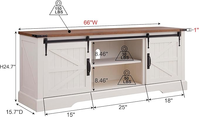 T4TREAM Farmhouse TV Stand for 75 Inch TV, Rustic Entertainment Center w/Sliding Barn Door, Large Media Console Cabinet w/Storage Shelves, Wood Television Stand for Living Room, Antique White