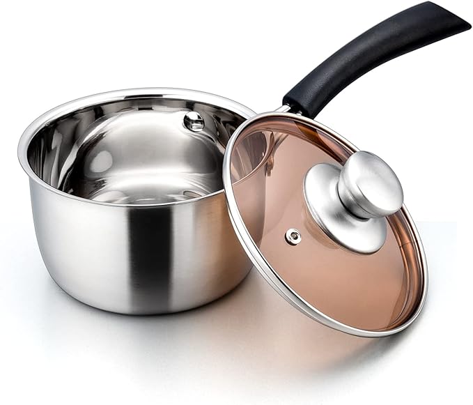 E-far 1 Quart Saucepan with Lid, Stainless Steel Small Sauce Pot with Glass Lid for Cooking, Easy Clean & Rust Free, Dishwasher Safe