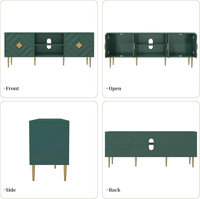 HLR 63'' Modern TV Stand for 65/70/75 inch TV, Entertainment Center with Storage Cabinet, Mid Century Green TV Stand,Embossed Pattern TV Console, TV Media Console for Living Room, Bedroom