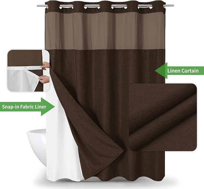 Extra Long No Hooks Needed Linen Textured Shower Curtain with Snap-in Fabric Liner Set,White Hotel Luxury Decor Shower Curtains for Bathroom,Waterproof & Washable,71Wx86H,Brown
