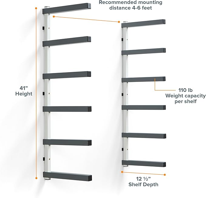 Bora 6 Level Lumber Storage Rack Wood and Garage Organization Space Saving Metal Shelf for Pipes, Boards, Plywood, and Building Materials - PBR-0620 White Gray