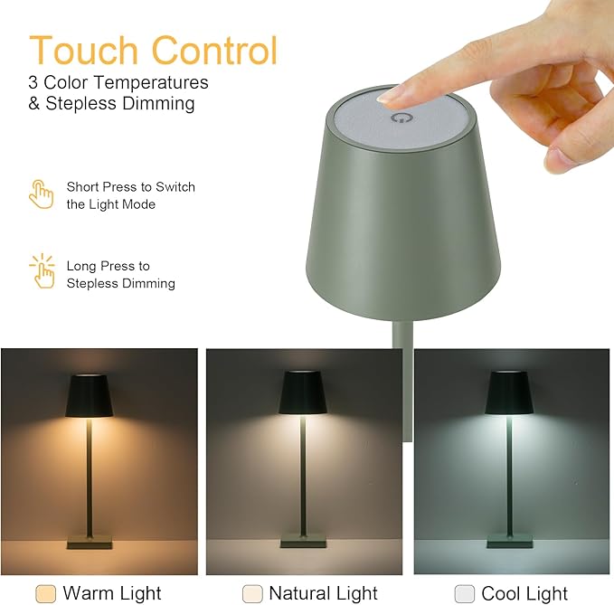 2 Pack Rechargeable Cordless Table Lamps, 5200mAh Battery Touch Table Light, Aluminum Shell Stepless Dimmable Portable LED Desk Lamp for Dinner/Restaurant/Outdoor Green