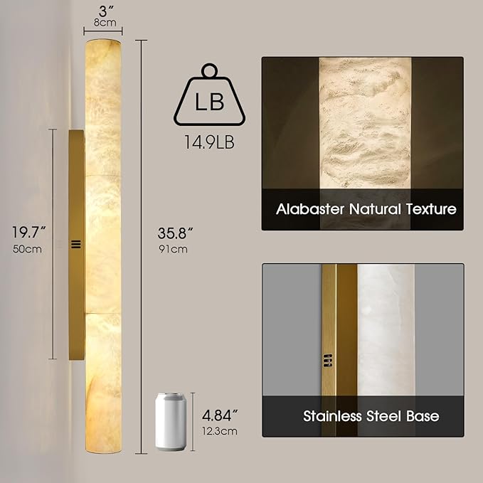 Brass Alabaster Wall Sconces, Spanish Natural Marble Wall Sconce, 36" Long Stone Wall Sconce Dimmable, Gold Alabaster Sconces Wall Lighting Indoor, Marble Wall Light for Bathroom, Living Room,Entryway