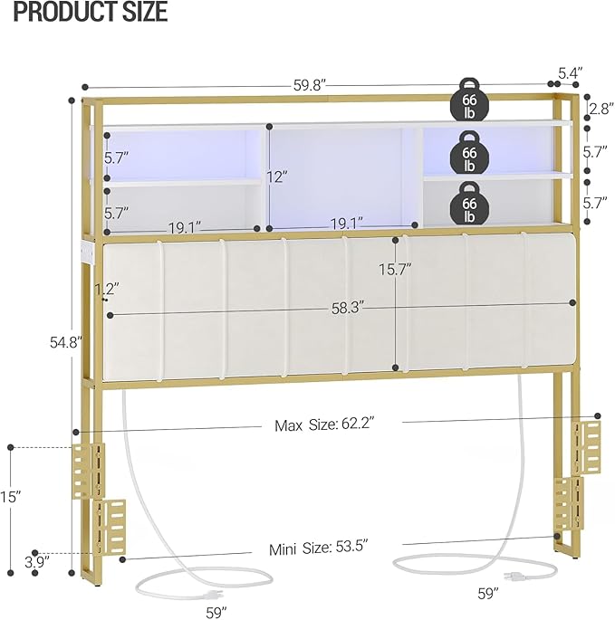 Headboard with 3-Tier Storage Shelves, Velvet Upholstered Head Board with 2 Outlets, USB Ports & LED Light, Soft Backrest for Queen Size Bed, White and Gold BH15203AV1