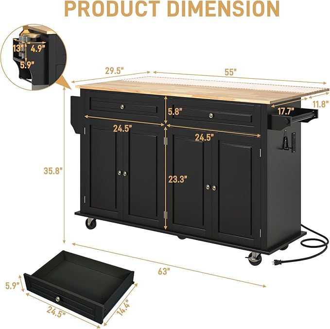 63" Movable Kitchen Island with Drop Leaf and Power Outlet, Rolling Island Cart w/Storage Cabinet, Island Table on Wheels for Kitchen w/2 Drawers, Spice Rack, Towel Bar, Garage Hook, Black