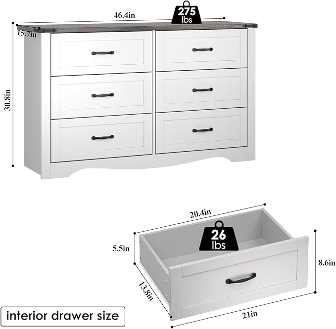 Loomie Farmhouse 6 Drawers Double Dresser for Bedroom, Modern White Dresser Chest of Drawers, Wide Dressers Organizer, Accent Storage Cabinet for Closet, Living Room, Hallway, Antique White