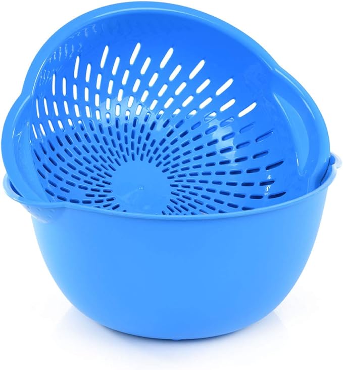 Mintra Home Mixing Bowl w/Colander (Large 4.5L, Blue) - For Washing & Draining Fruits And Vegetables - Heavy Duty Plastic for Baking, Cooking Supplies - Dishwasher Safe