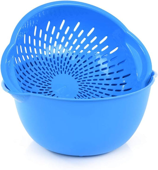 Mintra Home Mixing Bowl w/Colander (Large 4.5L, Blue) - For Washing & Draining Fruits And Vegetables - Heavy Duty Plastic for Baking, Cooking Supplies - Dishwasher Safe