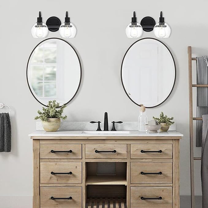 Black 2-Lights Wall Sconce Lighting with Seeded Glass Lampshades Industrial Bathroom Vanity Light Fixtures for Hallway Kitchen Bedroom