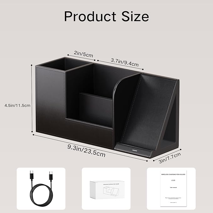 Pen Organizer with Phone Stand,Black Vegan Leather Desk Organizers with Remote Control Holder,Pencil Holder for Desk,Desk Organizer with Phone Charger for Office/Nightstand/Endtable