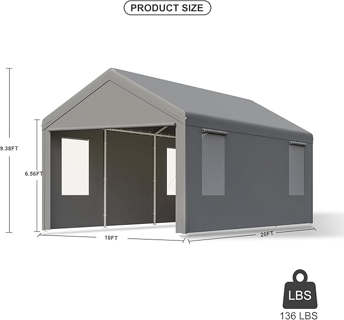 Carport, 12x20 ft Grey Heavy Duty Carport with Roll-up Windows, Portable Garage with Removable Sidewalls & Doors, Car Canopy and All-Season Tarp for Car Boat Truck Motorcycle