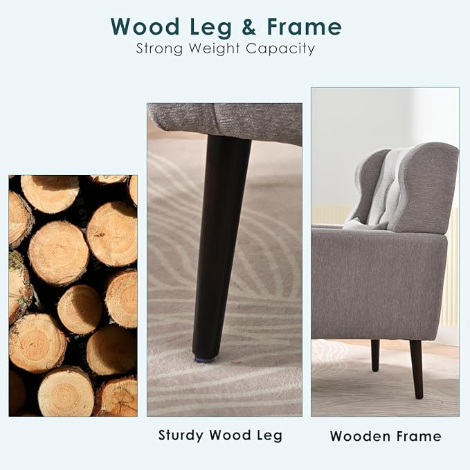 Accent Chair, Comfy Upholstered Living Room Chairs with High Tufted Backrest and Pillow, Wingback Reading Chair with Solid Wood Legs for Bedroom/Office, Chenille Fabric, Grey