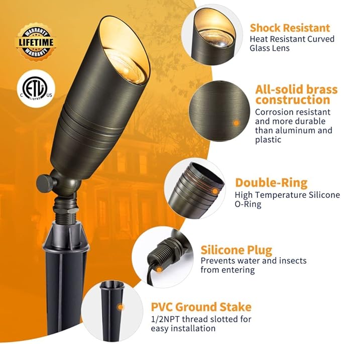 Solid Brass 12V LED Landscape Lighting Kit (12 Pack Spotlights) with 300W Low Voltage Transformer and Mechanical Timer and 250 Feet Wire and 50Pack Connectors for Outdoor Garden Patio