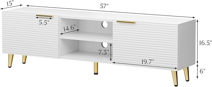 TV Stand for 65+ Inch TV, Modern TV Console for Living Room Bedroom, Wood Entertainment Center with Storage Cabinets, Hinge Door, Waveform Panel, Media Console (White, 57 inch)