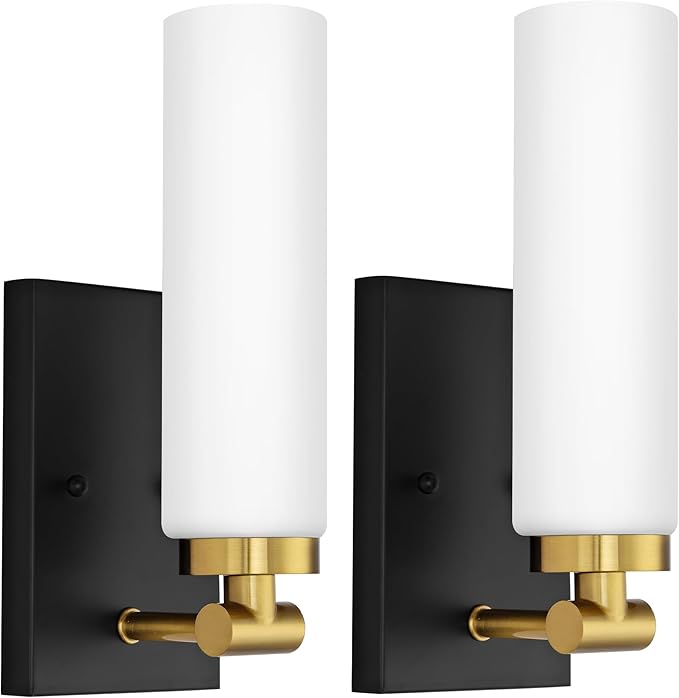 Emak Bathroom Sconces Set of 2, Black and Gold Wall Sconce with Milk Glass Shade, Modern Farmhouse Bathroom Light Fixtures for Living Room, Bedroom, Gallery, WS086-BKBGD-ML-2PK