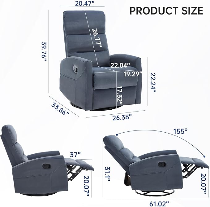 360° Swivel Rocker Recliner Chair for Small Spaces, Manual Reclining Chair for Adults, Rocking Glider for Nursery, Living Room, Bedroom, Fabric Blue Grey