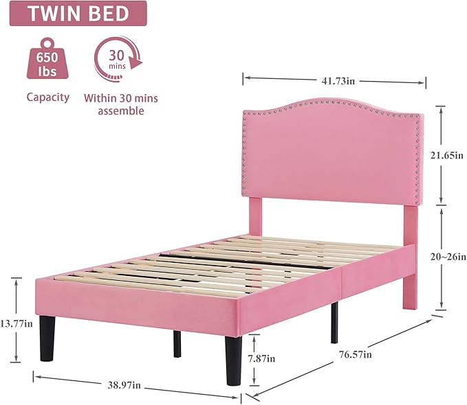 VECELO Twin Bed Frame Platform Bed Frame with Upholstered Headboard, Strong Frame and Heavy-Duty Slats Support, Non-Slip and Noise-Free, Easy Assembly,Pink