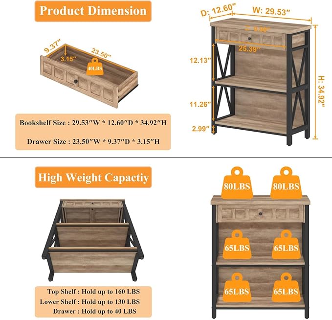 FATORRI Rustic Bookshelf with Drawer, Industrial Wood and Metal Bookcase, Small Short Book Shelf and Low Book case for Small Space (Rustic Oak)