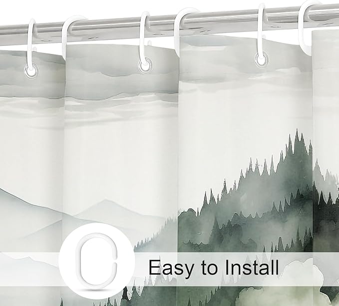 Dark Green Misty Pine Forest Shower Curtain, Mountain Foggy Woodland Scenery Tree Shower Curtains for Chic Rustic Bathroom, Abstract Modern Waterproof Nature-Themed Decor, 72x72 Inches
