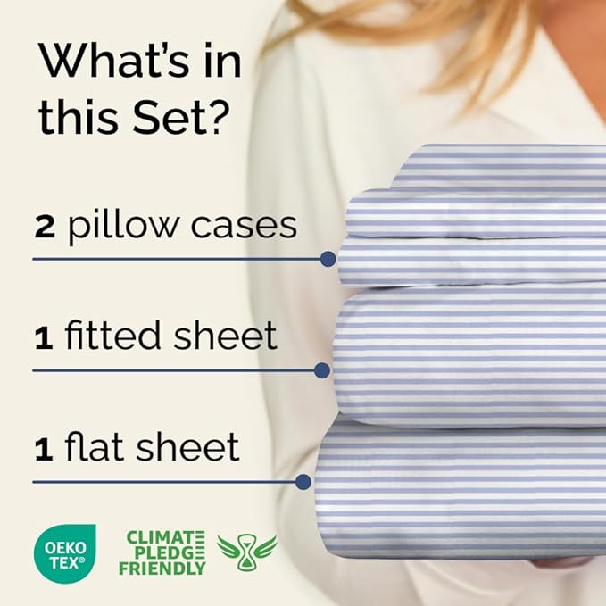 Light Blue and White Striped Sheets - 1 Flat & 1 Fitted Sheet & 2 Pillowcases w/ Deep Pockets - Wrinkle & Fade Resistant - Ultra-Soft, Breathable & Cooling - Luxury Pinstripe Bedding - Queen Size