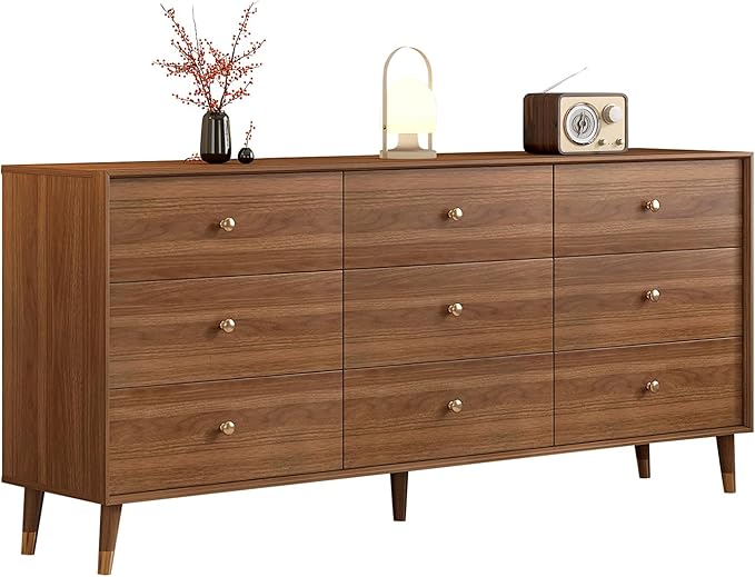 Mid Century Modern 9-Drawer Dresser, 63 Inch Wide Solid Wood Frame Chest, Walnut Finish, Beveled Design, Heavy-Duty Drawer Glides, Storage Cabinet for Bedroom, Living Room, TV Stand