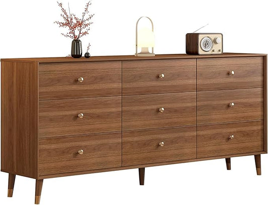 Mid Century Modern 9-Drawer Dresser, 63 Inch Wide Solid Wood Frame Chest, Walnut Finish, Beveled Design, Heavy-Duty Drawer Glides, Storage Cabinet for Bedroom, Living Room, TV Stand