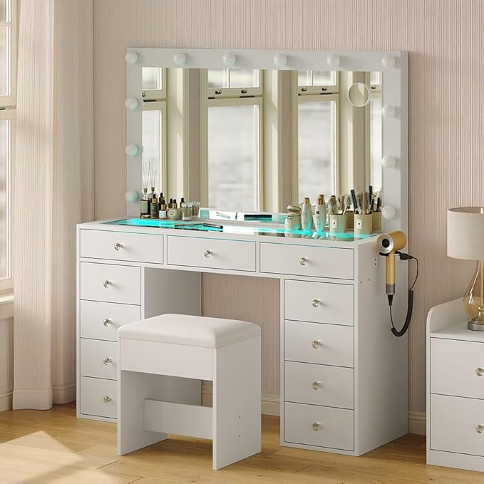 Vanity Desk with Mirror, Makeup Table with Power Outlet and 11 Lights, Set 3 Lighting with RGB Drawers, Vanity Table with 11 Drawers and Cushioned Stool for Bedroom, Dressing Room (White)
