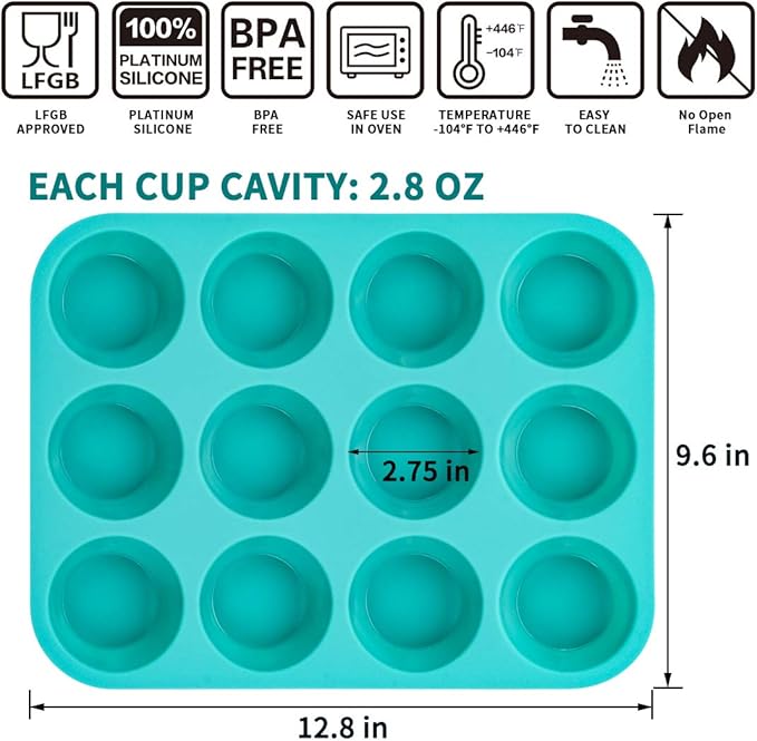 CAKETIME Silicone Muffin Pan Set, Cupcake Pans 12 Cups Silicone Baking Molds, Food Grade, Pinch Test Approved, Pack of 2