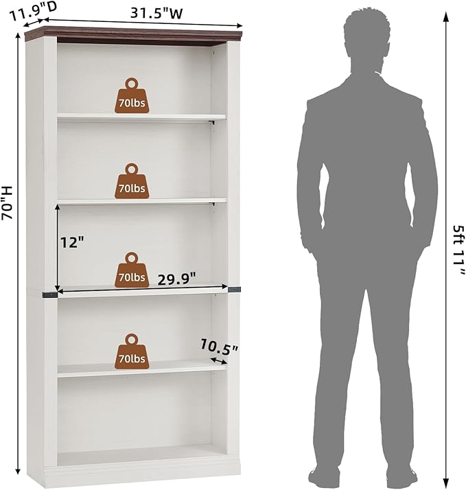 70" White Tall Bookshelf,5-Tier Thick Wooden Book Shelf with Adjustable Shelves,Free Standing Farmhouse Bookcase with Open Display Storage,Floor Vintage Bookshelves for Living Room,Office
