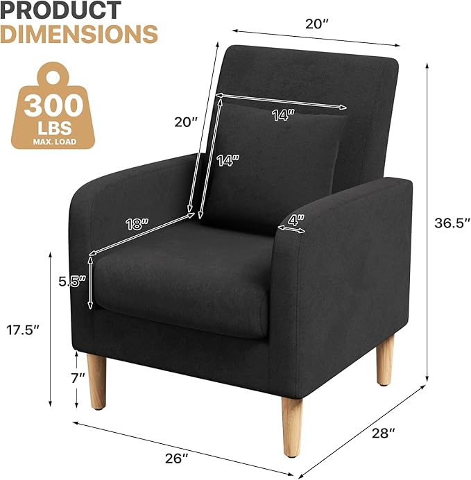Magshion Mid-Century Accent Chair for Living Room, Comfy Reading Chair for Bedroom, Upholstered Linen Fabric Armchair Single Sofa with Back Pillow & Wood Legs, 300 lbs Capacity, Black