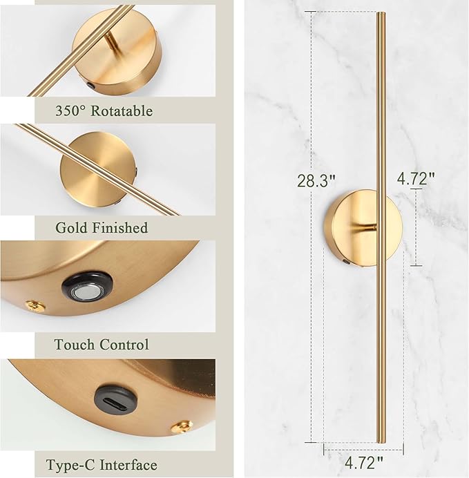 Wireless USB Rechargeable LED Wall Sconce Light (Set of Two), Cordless Dimmable 3-Light Option, 360⁰ Rotateable with Remote Control for Bedroom, Bathroom, Living Room & Hallway (Gold)