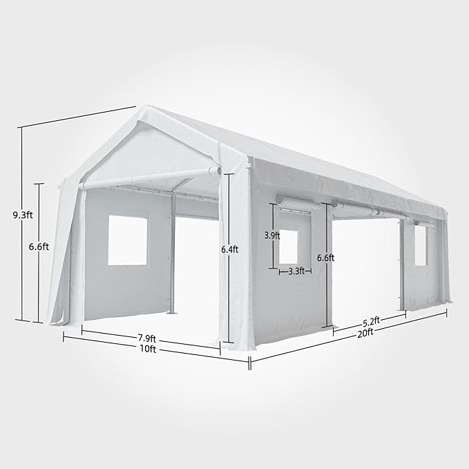 10x20ft Heavy Duty Carport Outdoor Canopy Portable Garage with 4 Doors & 4 Windows Waterproof UV Resistant Storage Shelter with Removable Sidewalls for Car Truck Boat, White