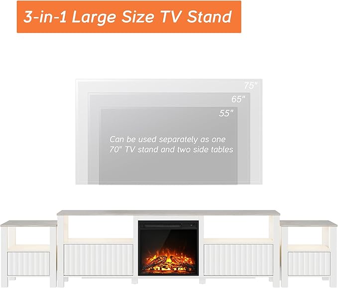 Wampat Fireplace TV Stand for TVs up to 100 Inch, Modern Entertainment Center with 8 Cubby Storage for Living Room, White