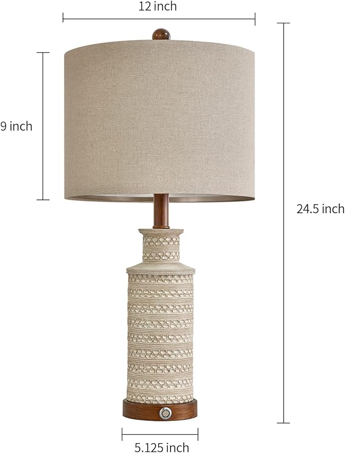 BOBOMOMO 24.5'' 3-Way Dimmable Touch Control Table Lamp Set of 2 with Dual USB Charging Ports for Bedroom Living Room Vintage Rustic Farmhouse Traditional Nightstand Bedside Lamps(Bulbs Included)