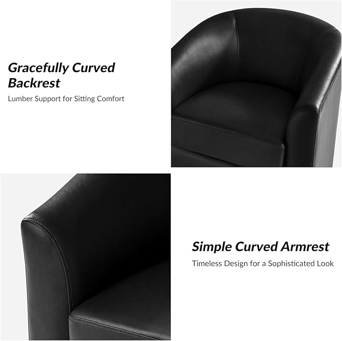 HULALA HOME Faux Leather Swivel Accent Chairs Set of 2 with Solid Wood Base, Round Swivel Barrel Chairs for Living Room and Bedroom, Black