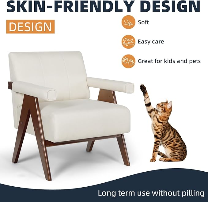 AODAILIHB Mid Century Modern Chairs Set of 2 Beige Linen Fabric Accent Chair Wooden Arms with Soft Bag Living Room Chairs with Thick Cushion Comfy Leisure Waiting Room Chairs Bedroom/Office (2, Beige)