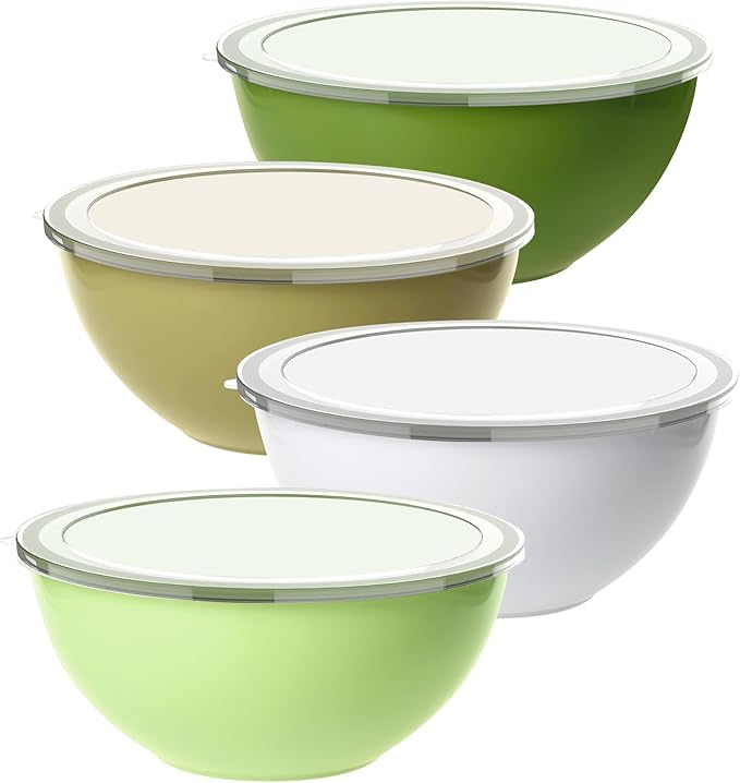4-Piece Plastic Mixing Bowl Set with Lids for Kitchen, 67oz Lightweight Storage Bowls, Large Salad Bowls for Baking, Prepping, Cooking and Serving Food, Dishwasher & Microwave Safe