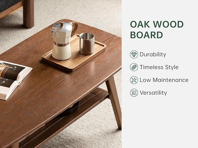 100% Solid Oak Wood Coffee Table for Living Room, 2-Tier Living Room Table with Storage Shelf, Mid Century Modern Coffee Tables (Walnut Colour, 39.37" W x22.05 D x 17.32" H)