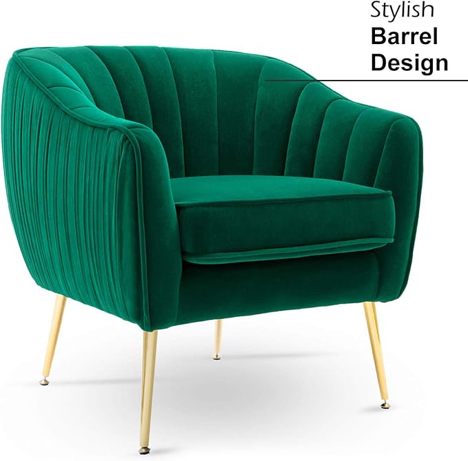 Velvet Accent Chair, Modern Barrel Arm Chair, Living Room Bedroom Chair, Golden Finished, Christmas Green