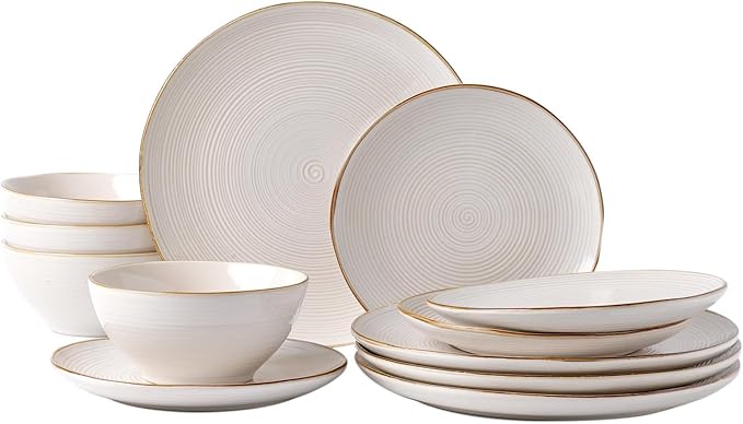 famiware Plates and Bowls Sets for 4, 12 Pieces Stoneware Dinnerware Sets, Dishes Set, Reactive Glaze Dishware Sets, Dishwasher & Microwave Safe, Tempus Series - Antique White