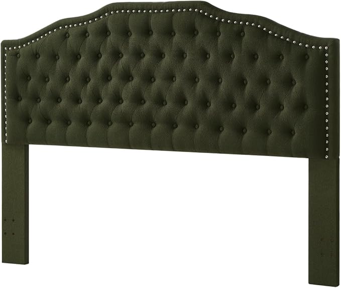 24KF Upholstered Button Tufted King Size Headboard with Nailhead Trim, Elegant Boucle Fabric California King headboard, 6031-K-Boucle-Dark Green