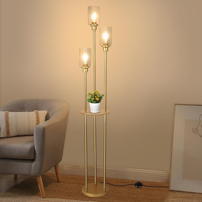 HMVPL Floor Lamps for Living Room, Gold Floor Lamp with Shelves, 3-Lights Modern Brass Standing Lamp with Glass Shades, On/Off Foot Switch, Mid Century Tall Lamp for Bedroom Corner Office(66")