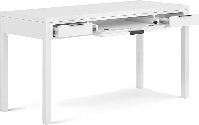 SIMPLIHOME Hollander Desk - 60-Inch Wide Solid Wood Writing Desk in White, Contemporary Home Office Computer Table for Workspace or Study with 2 Drawers and Flip-Down Keyboard Tray