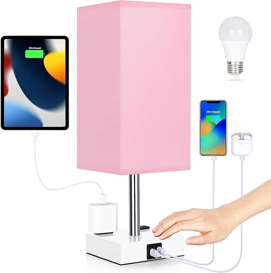 Bedside Lamp with USB Ports - Touch Control Table Lamp for Bedroom with USB C+A Charging Ports & AC Outlets, 3 Way Dimmable Nightstand Light with White Base for Living Room (LED Bulb Included, Pink)