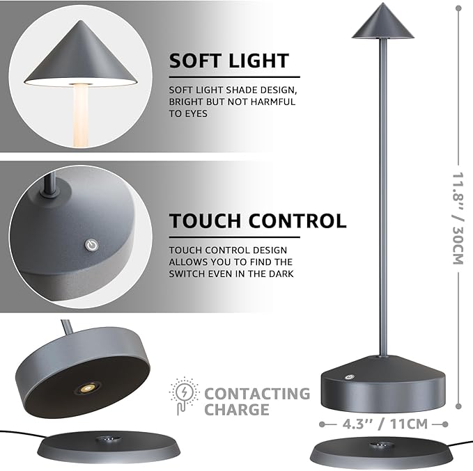 Rechargeable Table Lamp for Bedroom, 3-Level Dimmable Beside Touch Lamps Portable Battery-Operated Desk Light for Nightstand, Living Room, Dining, Office, Outdoor(Grey, Two-Piece)