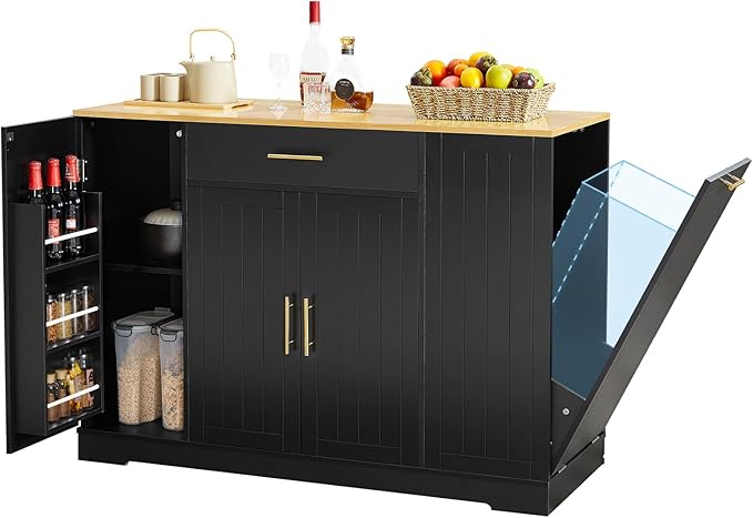 53" Long Kitchen Island with Trash Can Storage, Black Kitchen Cart with Garbage Bin 10 Gallon, Wood Island with Trash Can, Wood Top, Spice Rack and Drawers