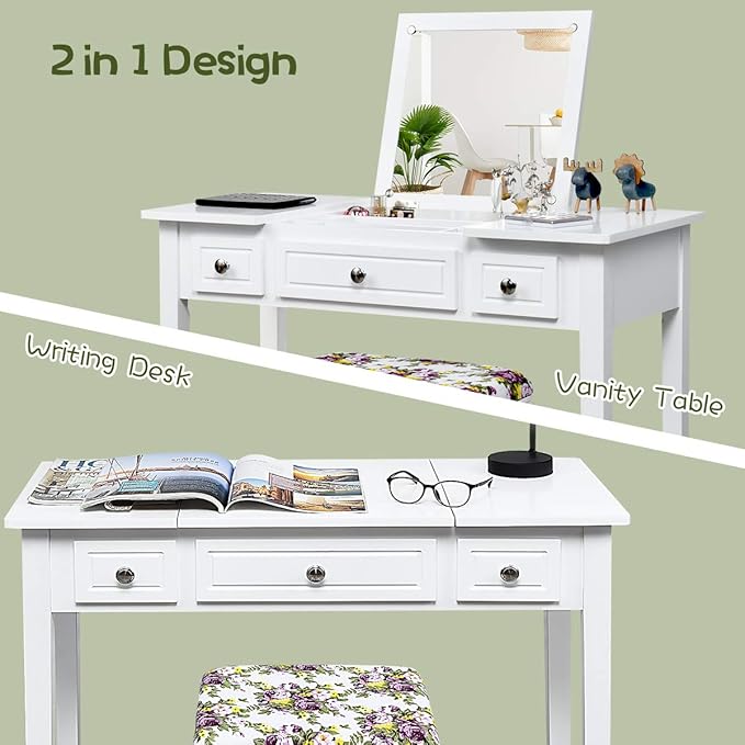 CHARMAID Makeup Vanity Desk with Flip Top Mirror, 3 Drawers, 7 Storage Compartments, White Writing Desk Dressing Table Vanity Set with Cushioned Stool for Kids Girls Women, Easy Assembly