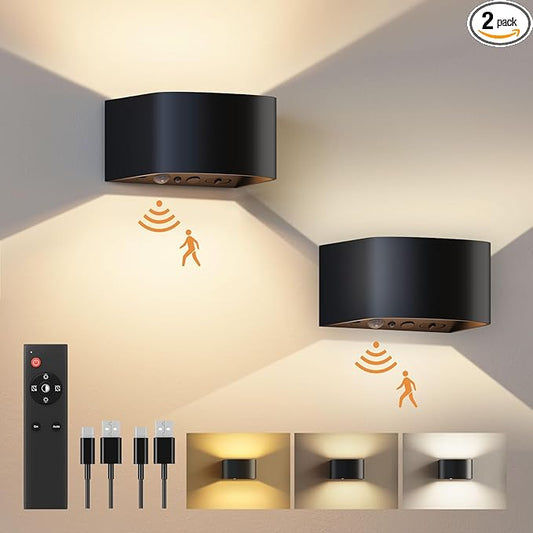 FULEN Motion Sensor Wall Light with Remote Control 3 Colors Wireless Wall Lamp LED Indoor Up and Down Wall Sconce 5000mAh Rechargeable Battery Powered Wall Lamps Brightness Adjustable, Black 2 Pack