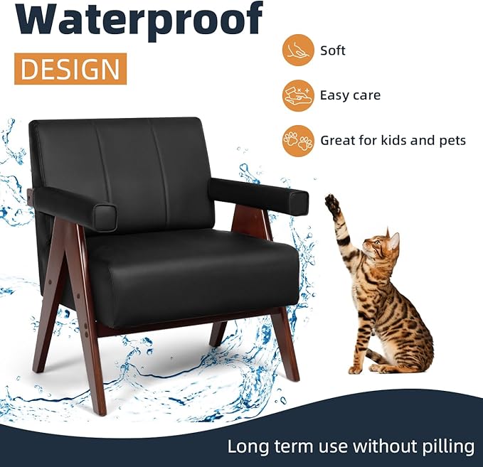 AODAILIHB Mid Century Modern Chairs Black Leather Accent Chair Wood Arms with Soft Bag Living Room Chairs with Thick Cushion Comfy Sitting Waiting Room Chairs Bedroom/Office (1, Black)