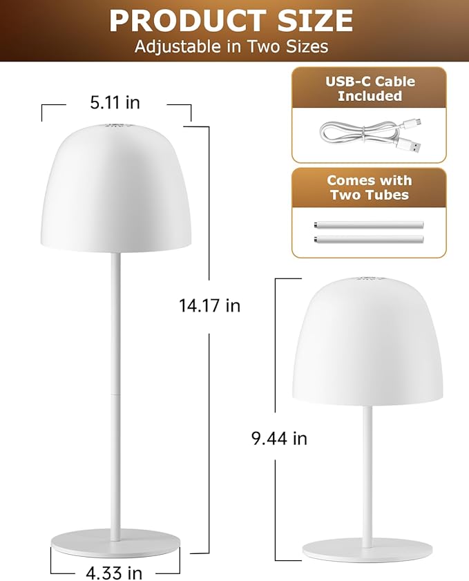 2 Pack Portable Cordless Table Lamp, 3 Color Stepless Dimming 5500mAh Rechargeable Battery Operated LED Desk Lamp, for Bedroom/Couple Dinner/Desk/Cafe/Dining Room/Terrace